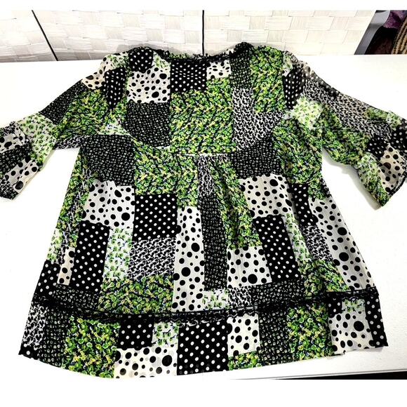"Notations" Patchwork Sheer Blouse, TIe in Front,Ruffled Sleeves.Artsy,Country - Picture 8 of 8